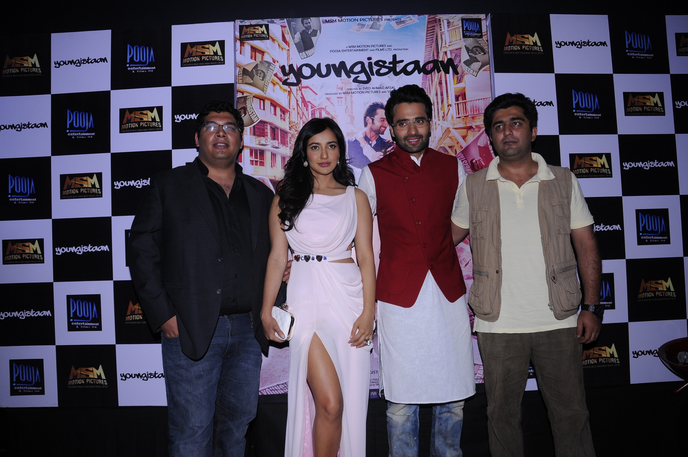 from left,  Youngistaan actors Kayoze Irani, Neha Sharma, Jackyy Bhagnani along with their director Syed Afzal Ahmed