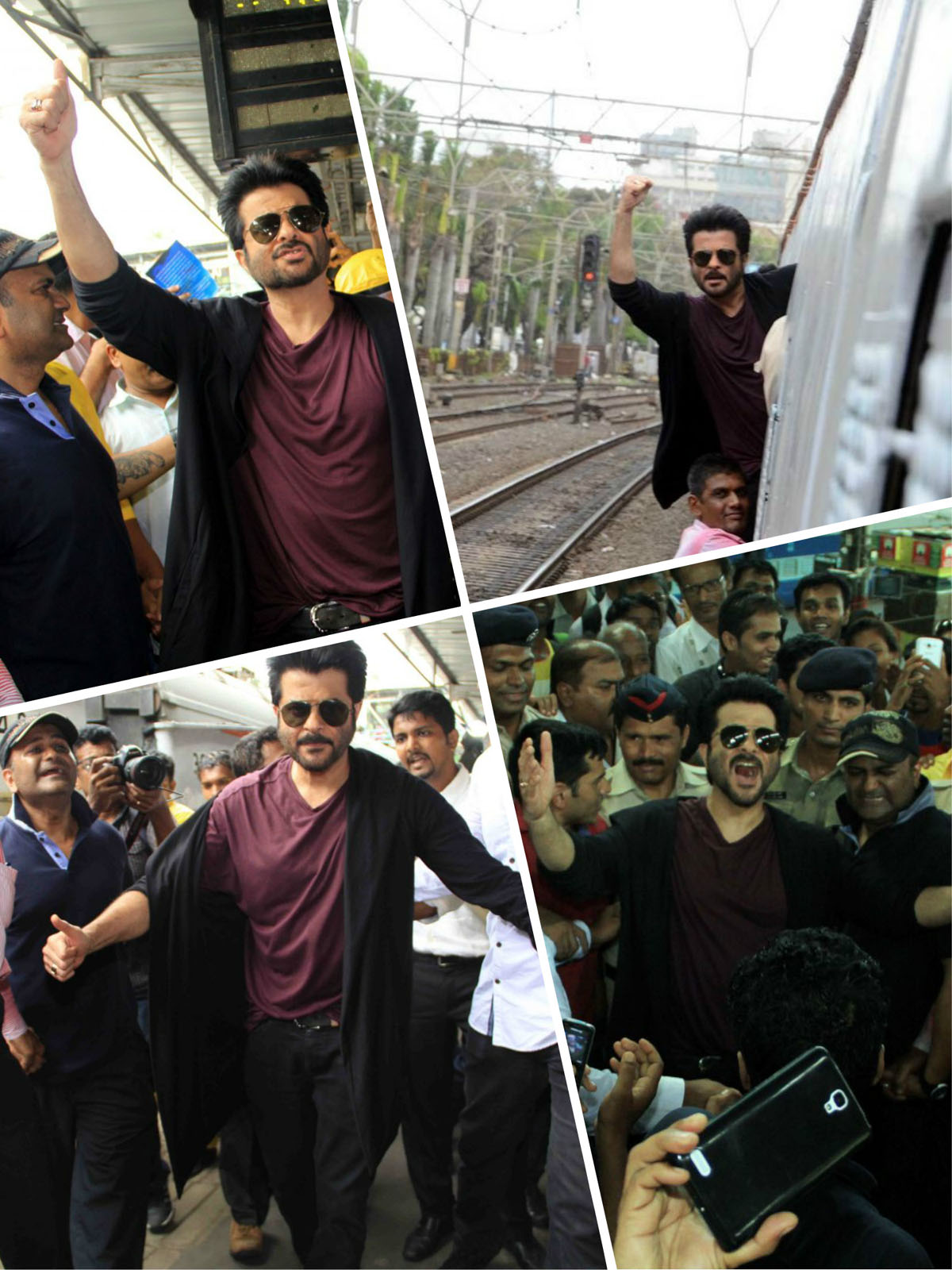 Anil Kapoor lunging out of a Mumbai local train during promotions for 24. - collage